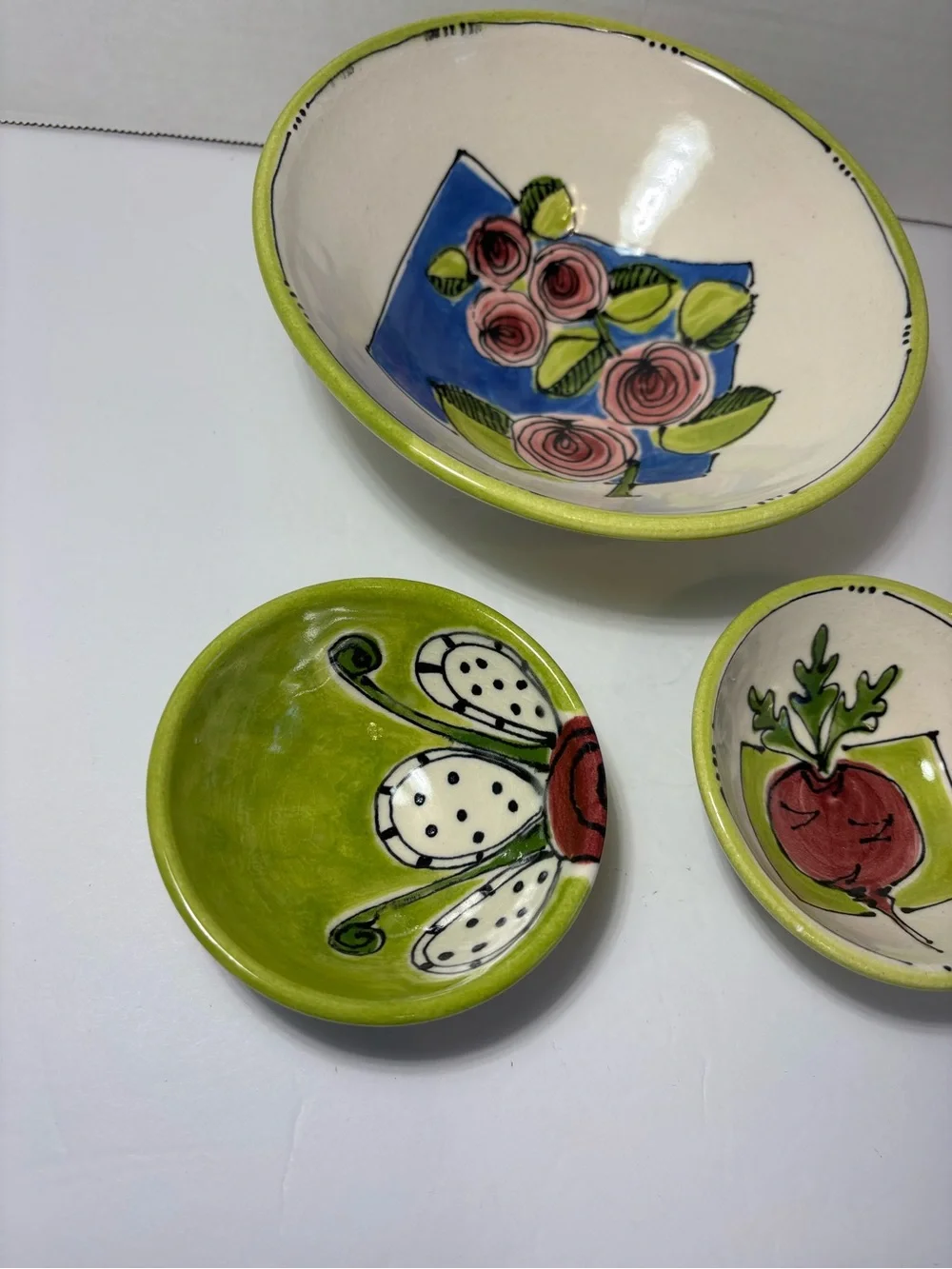 Serving Bowls Artist Signed Colorful Hand Painted Set Of 3 Ceramic Floral
